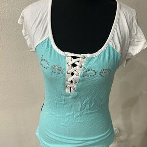 bebe White and Blue Lace-Up Tee